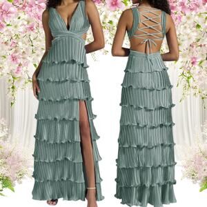 AW BRIDAL sz 12 L green deep sea satin Siena formal party maxi dress NEW B130